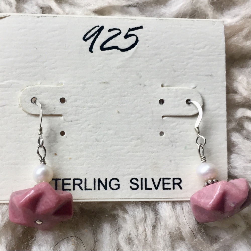 Sterling silver earrings pearl & pink ceramic bead